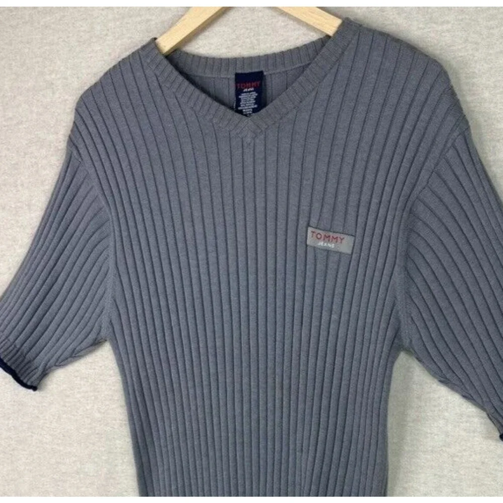 Vintage Tommy Hilfiger Mens Rib Knit Sweater Size XL Fitted Logo Preppy 90s Gray